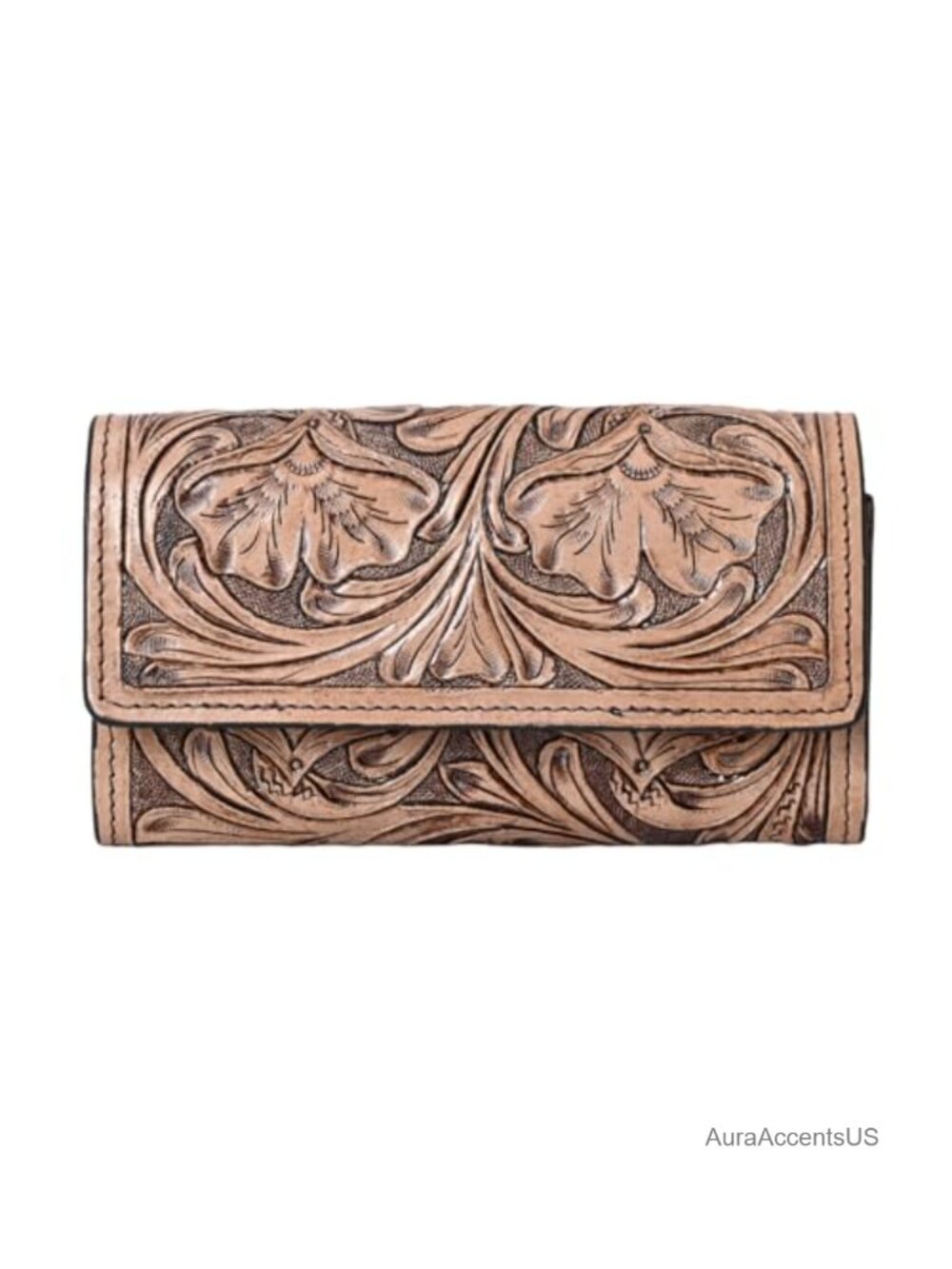Handtooled Leather RFID Trifold Wallet Wristlet Purse for Women